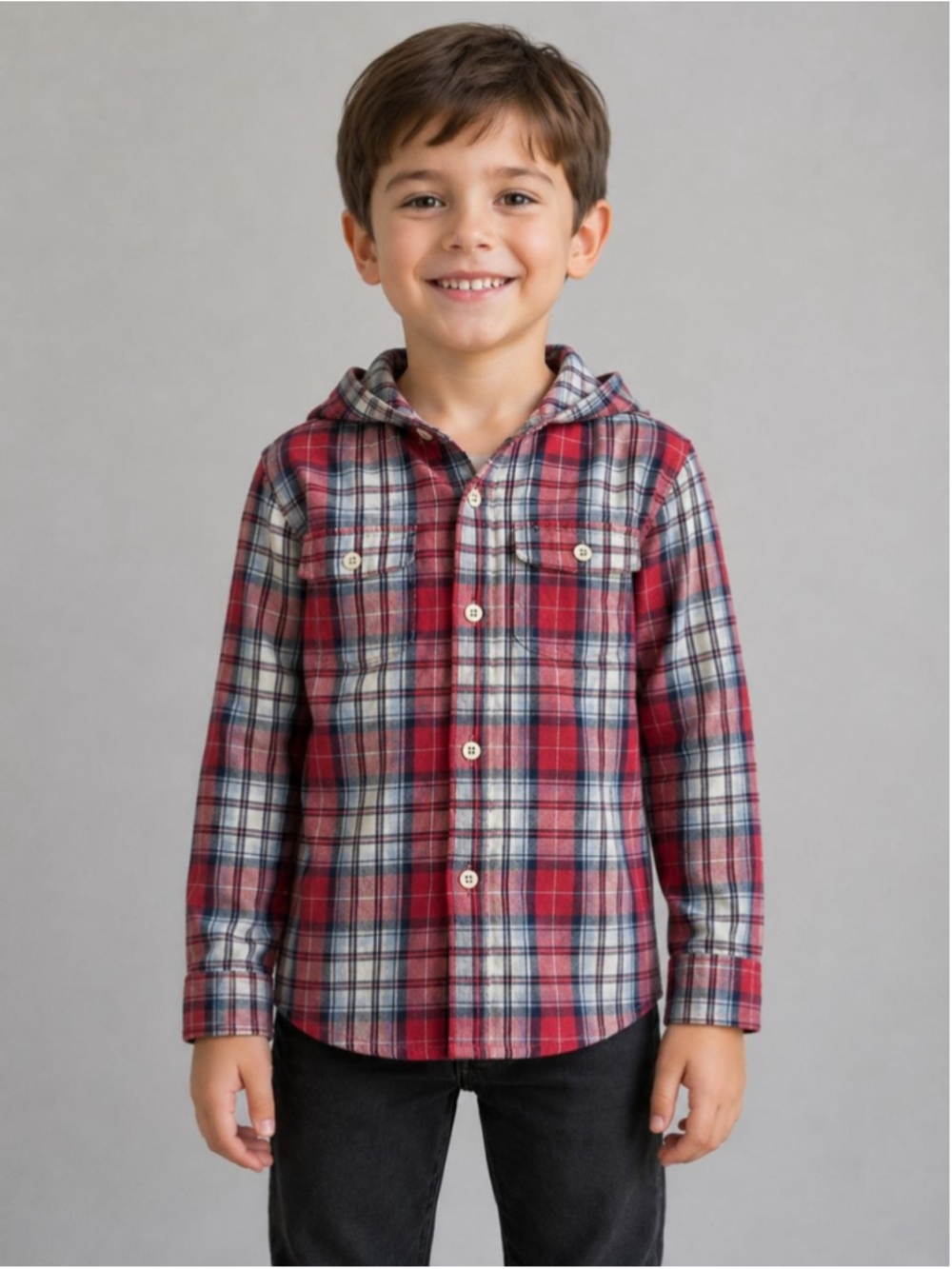 Faded Glory Boys Hooded Plaid Button Up Shirt Size 6-7 Red Blue White Cotton